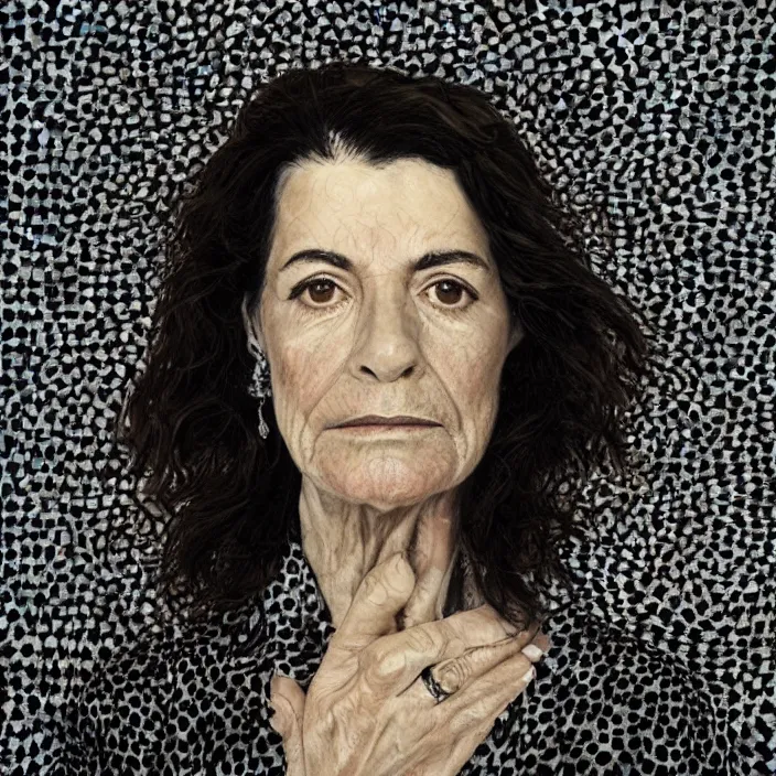 Image similar to a portrait of mira furlan, wise, secretive, unnerving, by chuck close, by elizabeth payton