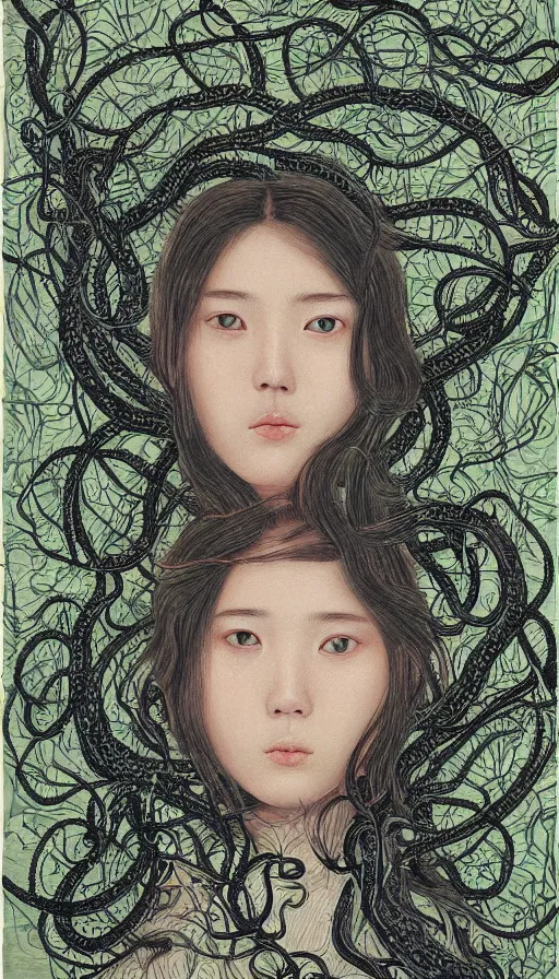 Prompt: very detailed portrait of a 2 0 years old girl surrounded by tentacles, the youg woman visage is blooming from fractal and vines, by zeng fanzhi