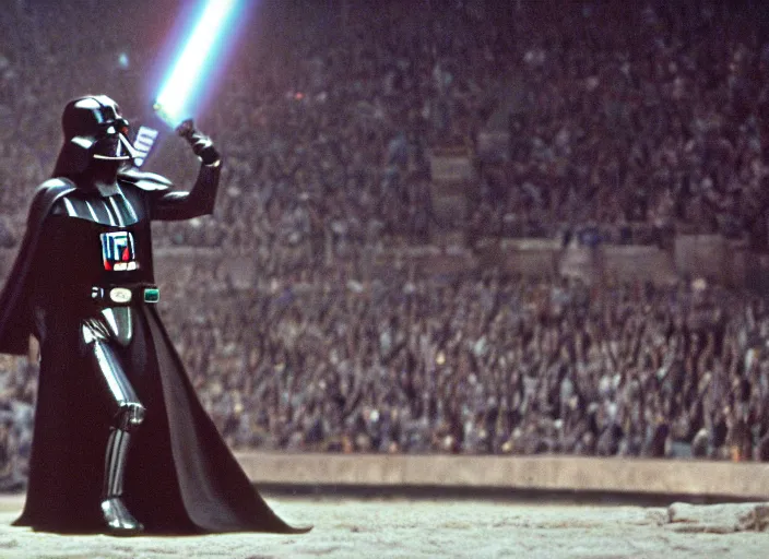 Image similar to film still of Darth Vader as Maximus in the arena with his arms up in Gladiator 2000, 4k