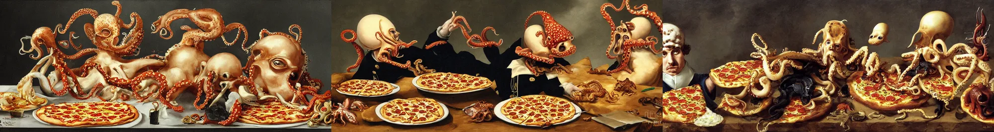 Prompt: Napoleon eating pizza whit a headcrab and a octopus by Bluth Don