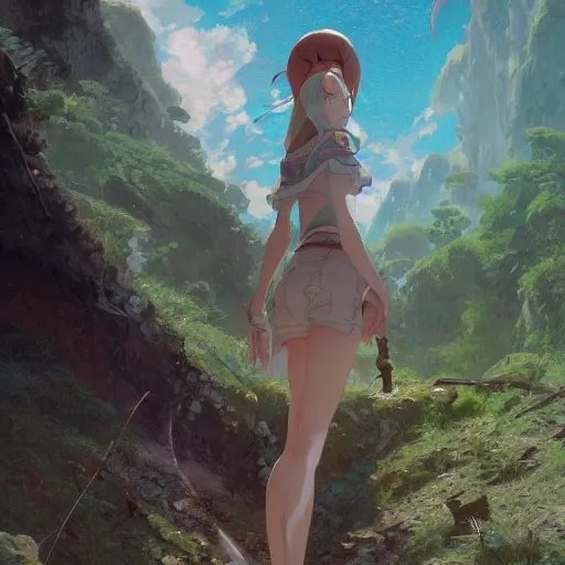 Image similar to a full body portrait of a woman emerald herald explorer exploring lost ruins, sun lighting, water, finely detailed features, perfect art, at an ancient city, gapmoe yandere grimdark, trending on pixiv fanbox, painted by greg rutkowski makoto shinkai takashi takeuchi studio ghibli,, akihiko yoshida