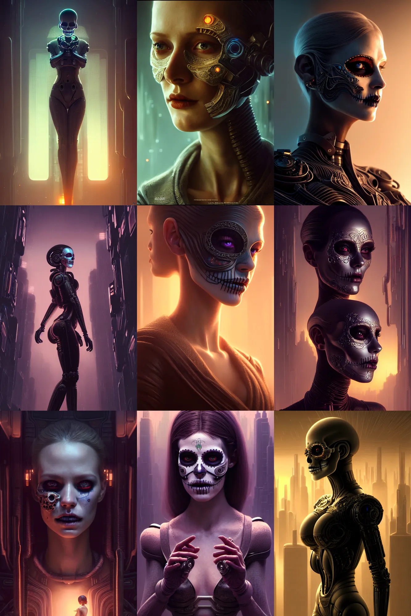 Prompt: beautiful female android!, intricate detailed environment, moody portrait by paul bellaart and julia hetta, global illumination, cinematic, ( el dia los muertos ), smooth, blade runner, photorealism, hd, 8 k, beautiful, cinematic, art by moebius and rutkowski and artgerm and michelangelo and mucha and loish and wlop