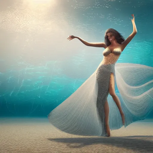 Prompt: a beautiful woman with long hair dancing underwater wearing a very long flowing dress made of many translucent layers of silver and blue lace seaweed, gentle ocean waves above cause the flicker of caustics lighting on the soft sandy bottom, bubbles flicker with large translucent swirling shapes in the background, octane render, cinematic, hyperdetailed