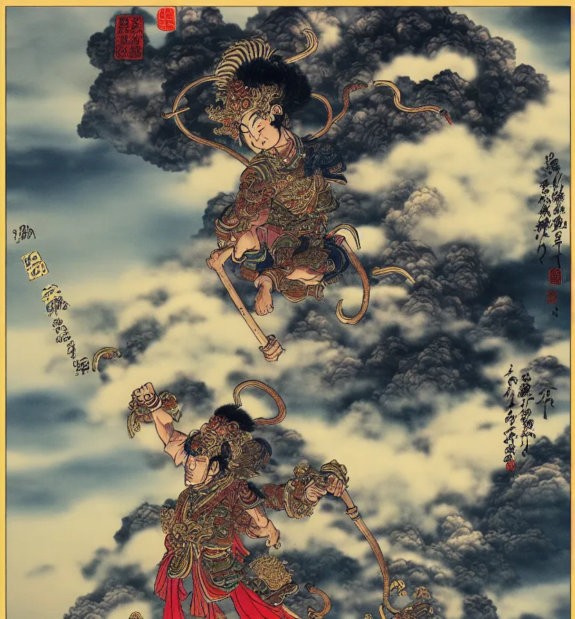 Image similar to the monkey king myth clouds, smoke by amano yoshitaka 4 k rich detail