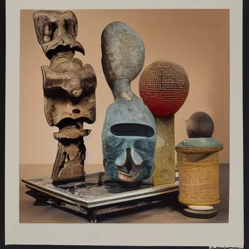 Image similar to a three color offset photography of single surrealist object on display, anthropology of wonder, ( ( ( surrealism ) ) ), exotic artifacts, colonial expedition, exhibition, 6 0 s style