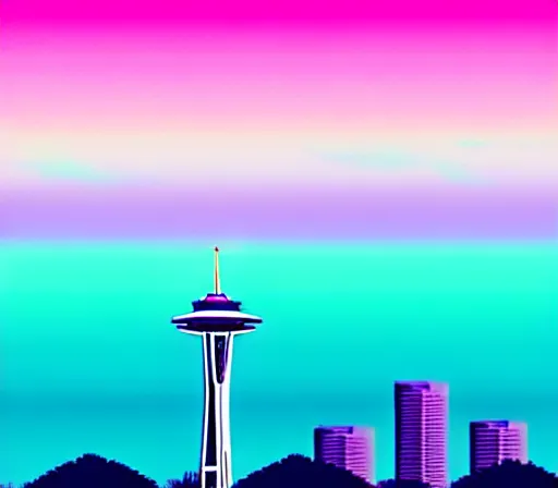 Image similar to a beautiful and immaculate balanced vaporwave ombre scene depicting outrun and the space needle