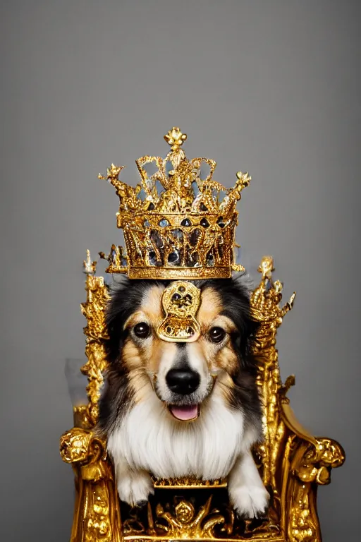 Prompt: a dog sitting on a gold throne with a crown on its head, photography