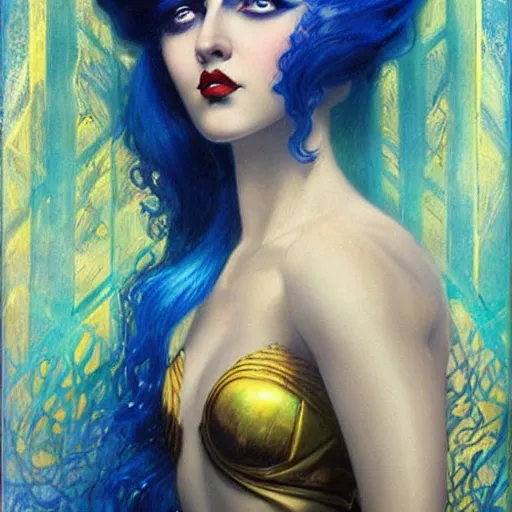 Image similar to a woman with blue and gold hair, an art deco painting by karol bak, featured on cgsociety, gothic art, poster art, art deco, tarot card