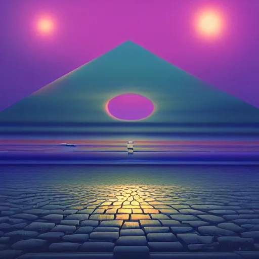 Image similar to minimalistic, hyperrealistic surrealism, symmetrical landscape, award winning masterpiece with incredible details, a surreal vaporwave liminal space, highly detailed, illuminated orbs, trending on ArtStation