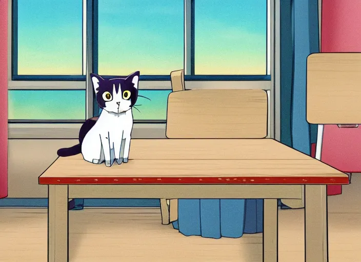 Prompt: professional anime illustration of cute cat sitting on the table in classroom, studio ghibli classic anime from 2000, sharp, 4K