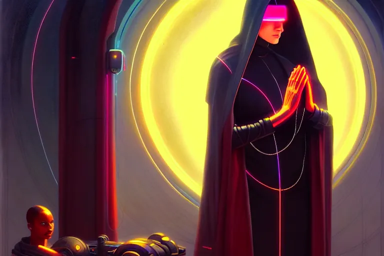 Image similar to patron saint 👩🏾 praying with machine, futuristic long robes clothing, worm hole, neon god of city character portrait, in the style of moebius, wlop, tom bagshaw, and waterhouse, cinematic lighting, beautiful, elegant, oil painting,