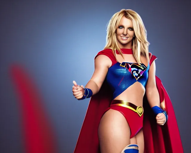 Image similar to Britney Spears As Supergirl, Playboy Centerfold, Full Figure, 8K, octane render, HDR, photorealistic, volumetric lighting, Hyperrealistic-H 960