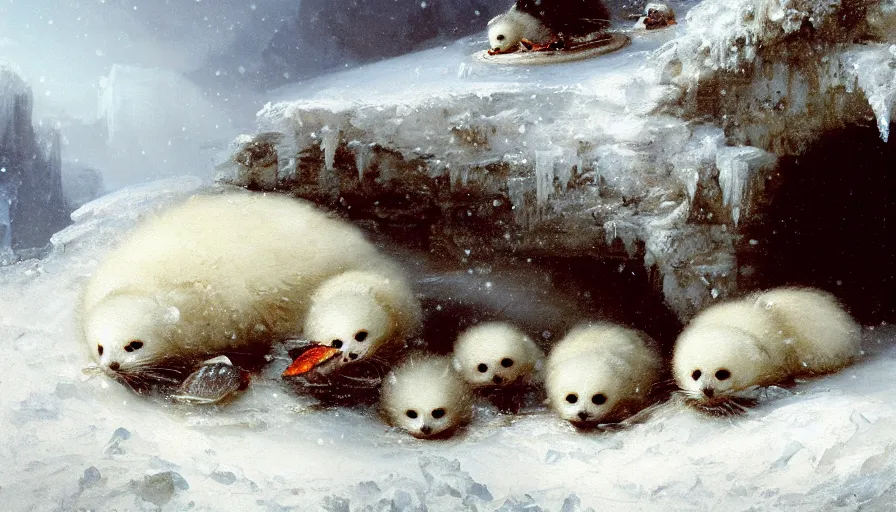 Image similar to highly detailed closeup painting of cute furry white baby seals eating fish inside a snowy fantasy ice crystal cavern by william turner, by greg rutkowski, by william constable, thick brush strokes and visible paint layers, 4 k resolution