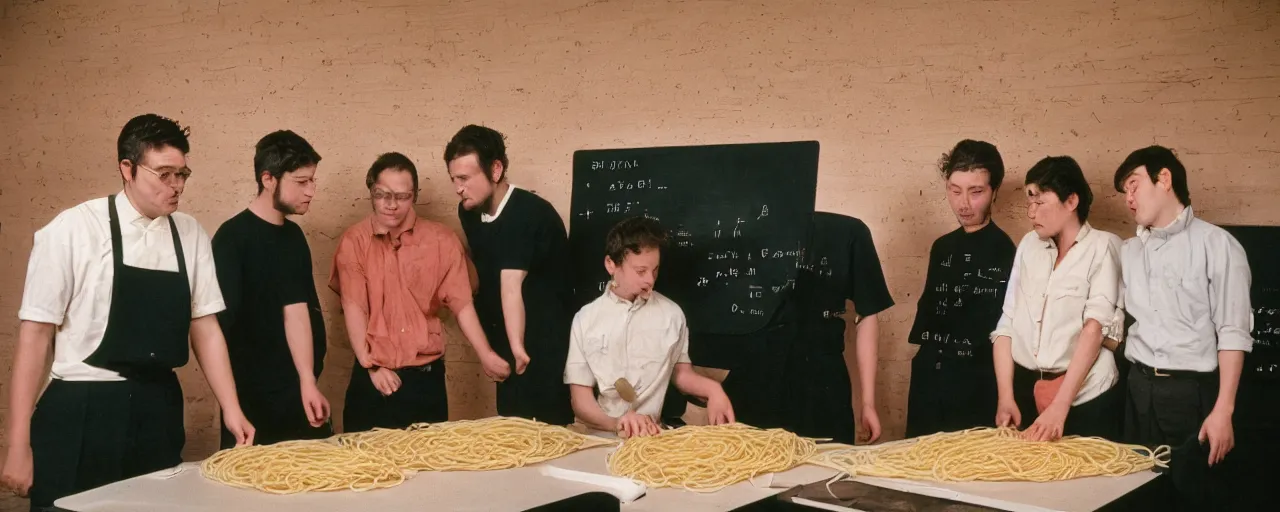 Image similar to mathematicians standing around a chalkboard with spaghetti, attempting to solve an algorithm, based on spaghetti, detailed facial expression, canon 5 0 mm, cinematic lighting, photography, retro, film, kodachrome