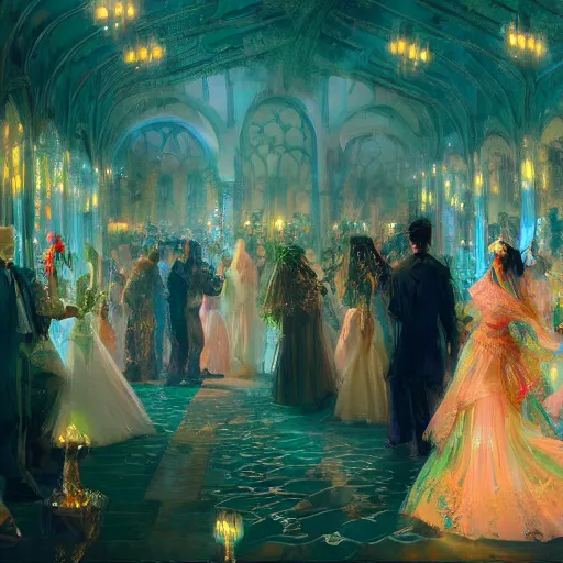 Image similar to colorful illustration of lady at a wedding, intricate complexity, by greg rutkowski,. 4 k, beautiful, cinematic dramatic atmosphere