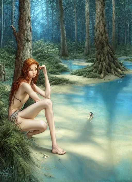 Image similar to on the sandy beach of a blue lake in a pine forest, hyperrealism, no blur, 4 k resolution, ultra detailed, style of tyler edlin, tom bagshaw, arthur rackham, ivan shishkin