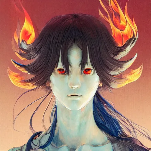 Image similar to prompt : flames and blades character portrait soft light painted by james jean and katsuhiro otomo and erik jones, inspired by evangeleon anime, smooth face feature, intricate oil painting, high detail illustration, sharp high detail, manga and anime 1 9 9 9