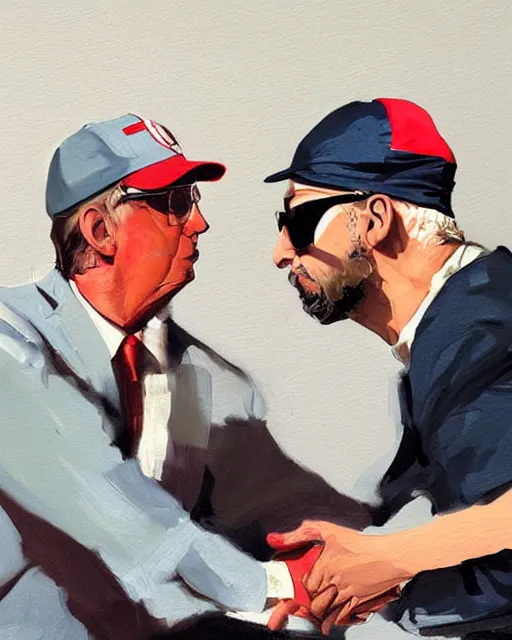 Prompt: donald trump and a young ducktail - bearded middle eastern american male with black wayfarer glasses and red baseball hat facing each other off dressed in spaceship pilot dresses shaking hands, portrait, illustration, rim light, top light, perfectly shaded, spring time, slight overcast lighting, soft painting, art by krenz cushart and wenjun lin