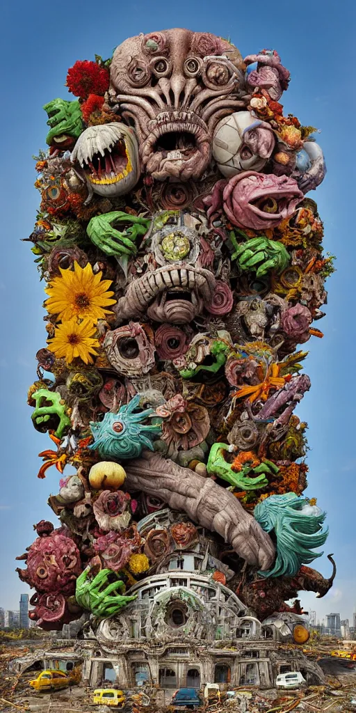 Prompt: colossal grotesque prehistoric psyhedelic alien predator flower made from best unfulfilled mankind projects in the middle of abandoned post soviet constructivist cityscape, Stalinist architecture, ultradetailed, Intricate by Hayao Miyazaki and Josan Gonzalez and Makoto Shinkai and Giuseppe Arcimboldo and Wes Anderson