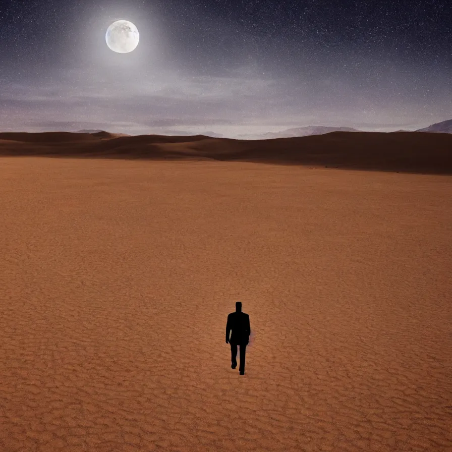 Image similar to a beautiful landscape of a powerful man wandering in a vast desert lit by the man in the moon