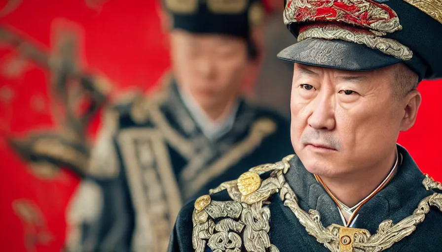 Prompt: hyper-realistic and anamorphic 2010s movie still close-up portrait of a chinese general, by Paolo Sorrentino, Leica SL2 50mm, beautiful color, high quality, high textured, detailed face