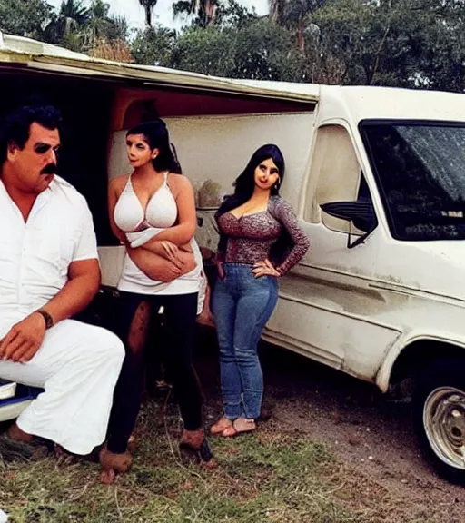 Image similar to Pablo Escobar cuddling kim kardashian & kylie Jenner inside a derelict motorhome