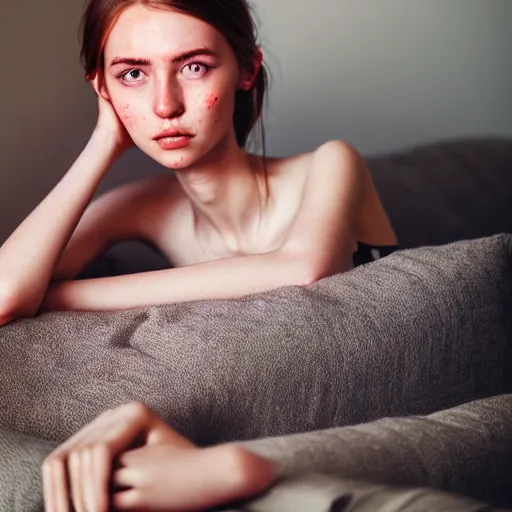 Image similar to portrait of a cute thin young woman, red blush, light freckles, soft smile, casual clothes, relaxing on the couch, home interior, golden hour, close up shot, 8 k, art by irakli nadar, hyperrealism, hyperdetailed, ultra realistic