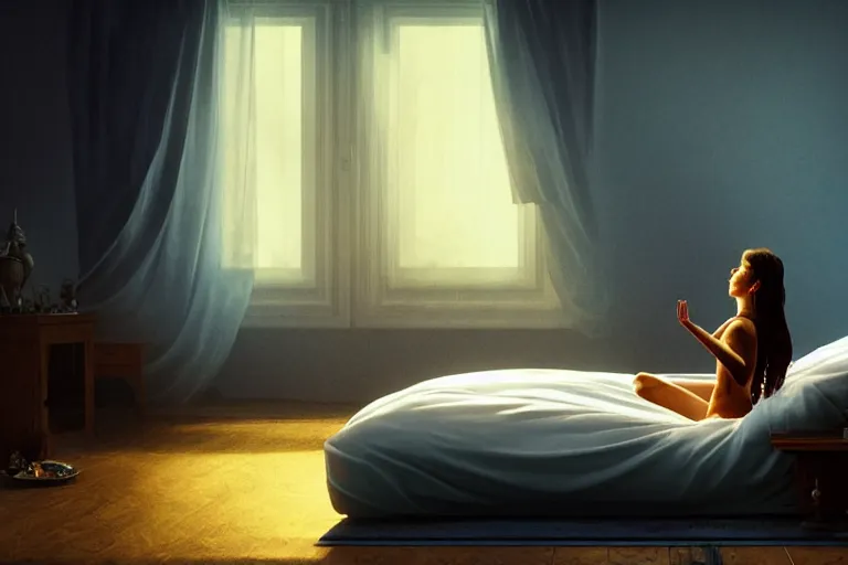 Image similar to girl meditating on the bed in her room, in the style of dariusz zawadzki, solarpunk, exact anatomy, atmospheric, clean, intricate and epic composition, dark by caravaggio, insanely quality, highly detailed, masterpiece, blue light, artstation, 4 k