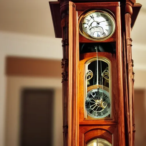 Prompt: photo of a grandfather clock with a human old-man head coming out of the front