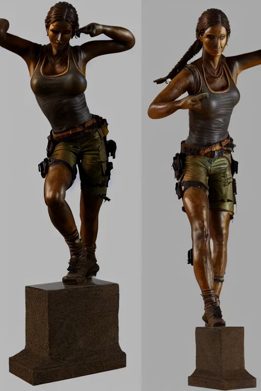 Prompt: detailed studio photo of old bronze patina statue lara croft, full body portrait, various poses, photorealism, intricate detail, museum diffuse lighting