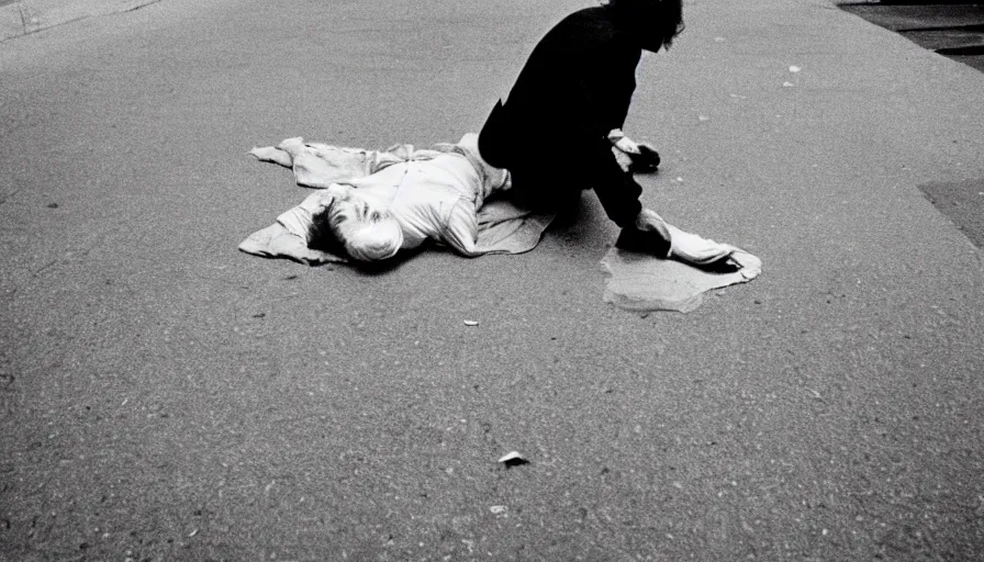 Prompt: 1 9 7 0 s movie still of the cutted head of robespierre on the pavement, cinestill 8 0 0 t 3 5 mm, high quality, heavy grain, high detail, cinematic composition, dramatic light, anamorphic, ultra wide lens, hyperrealistic