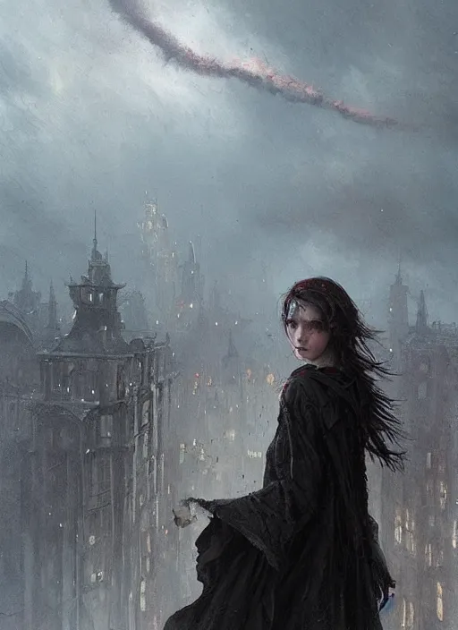 Image similar to a teenage girl with very short dark hair and a tattered grey cloak. she stands on top of a building in a gothic fantasy city. the sky has a red glow and ash is falling. beautiful painting by greg rutkowski