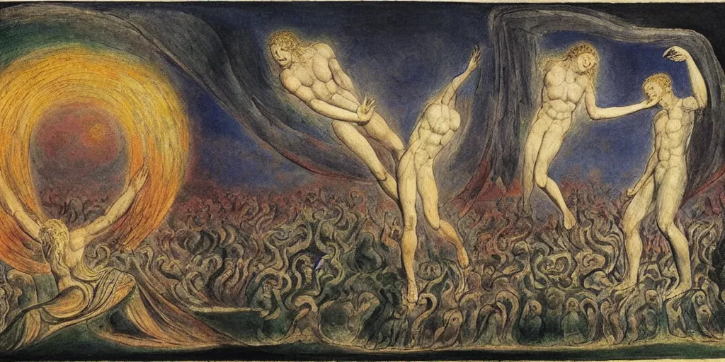 Prompt: the marriage of heaven and hell, art by william blake and samuel palmer