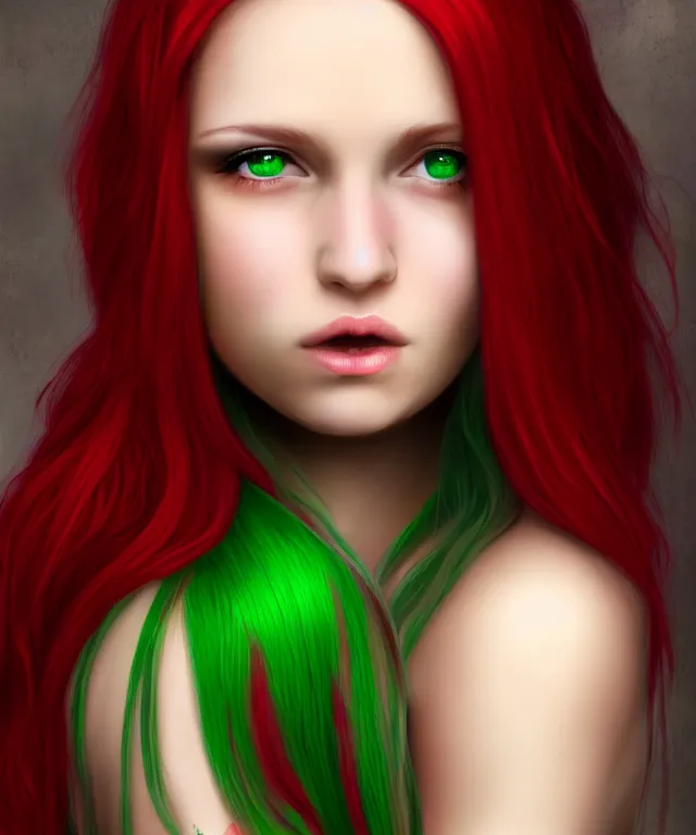 Prompt: Fae teenage girl, portrait, face, long red hair, green highlights, fantasy