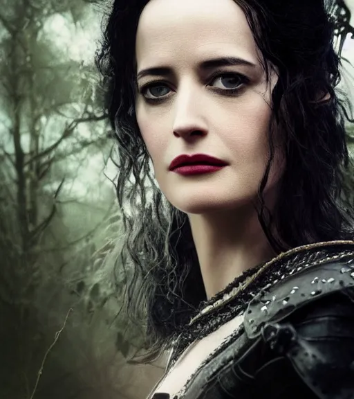 Image similar to 5 5 mm close up portrait photo of eva green as yennefer of vengerberg in black leather armor and long black fluff hair, in a forest. magical atmosphere. art by greg rutkowski. lifelike. very detailed 8 k. intricate. soft light. nikon d 8 5 0.