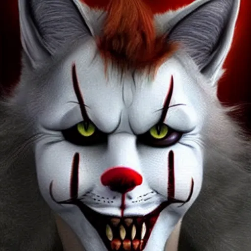 Prompt: a feline Pennywise, creepy, realistic