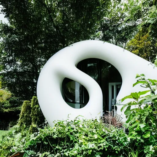 Image similar to futuristic house white covered in plants, hanging vines, motorcycle