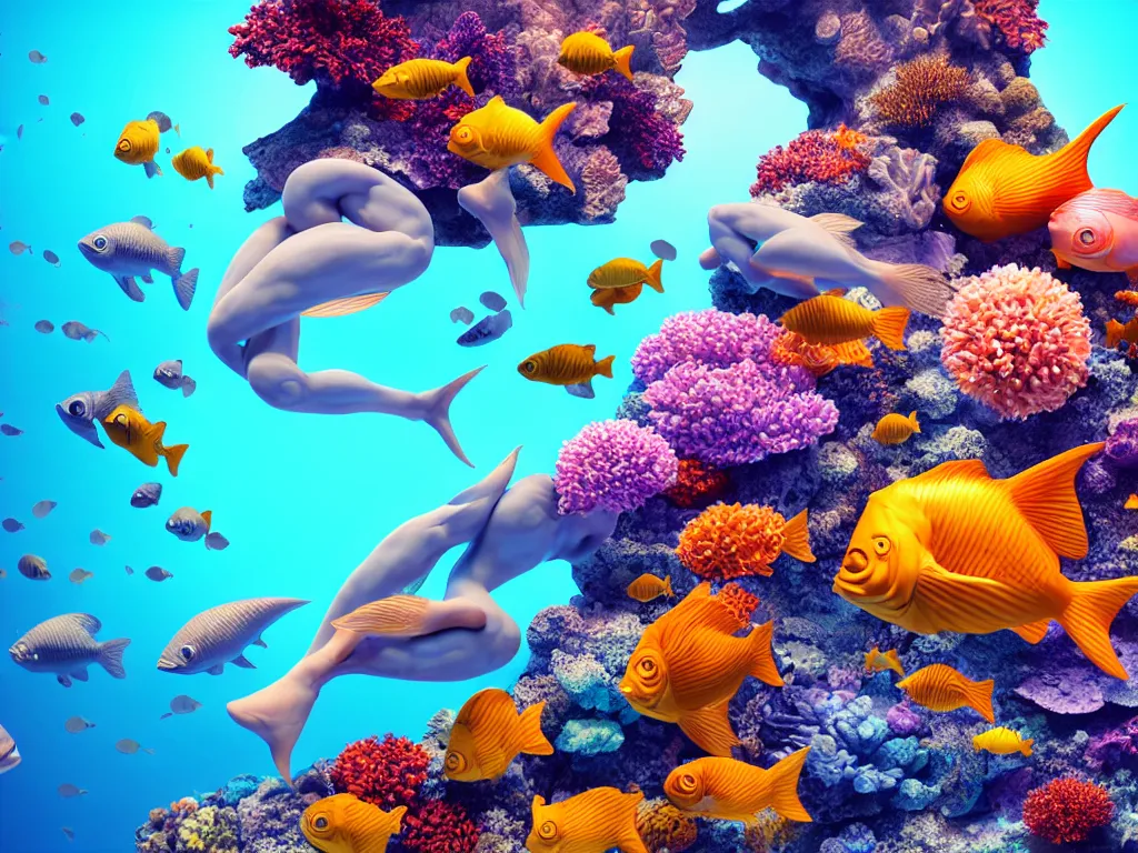 Prompt: a sculpture of fish ocean intertwined, diode lighting, a lovely cornucopia of flowers and human body parts, body parts, highly detailed, octane render, cinematic, sharp focus, clean, studio lighting, sunset, great barrier reef, at sea level