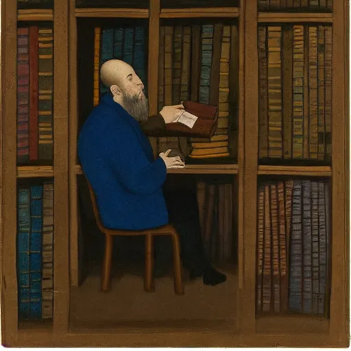 Prompt: Dimly lit library with wide shelves. On the side is a 20 year old bald man with a short length full brown beard and vibrant blue eyes sitting with gloom and depression. Dark. Neoclassic painting.