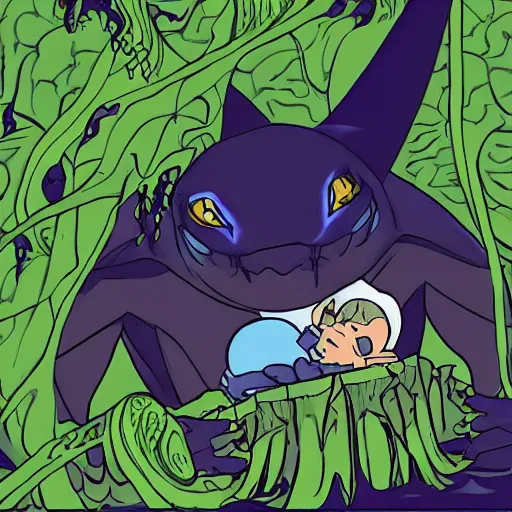 Prompt: a giant bat monster eating a baby harp seal, dark alien world with deep purple and green vines, swamp, genndy tartakovsky, primal, scary lighting, clear focus, very coherent