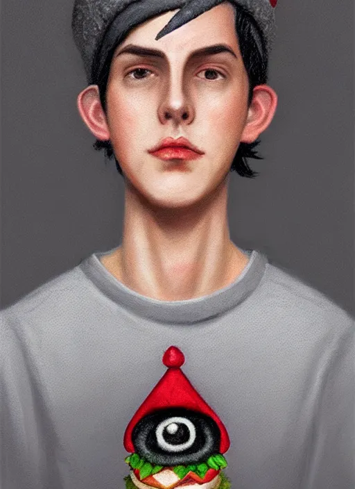 Image similar to portrait of teenage jughead jones wearing a light grey crown, photorealistic, crown, sweater with letter s on it, hamburger, eyes closed, crown, black hair, intricate, elegant, glowing lights, highly detailed, digital painting, artstation, concept art, smooth, sharp focus, illustration, art by wlop, mars ravelo and greg rutkowski