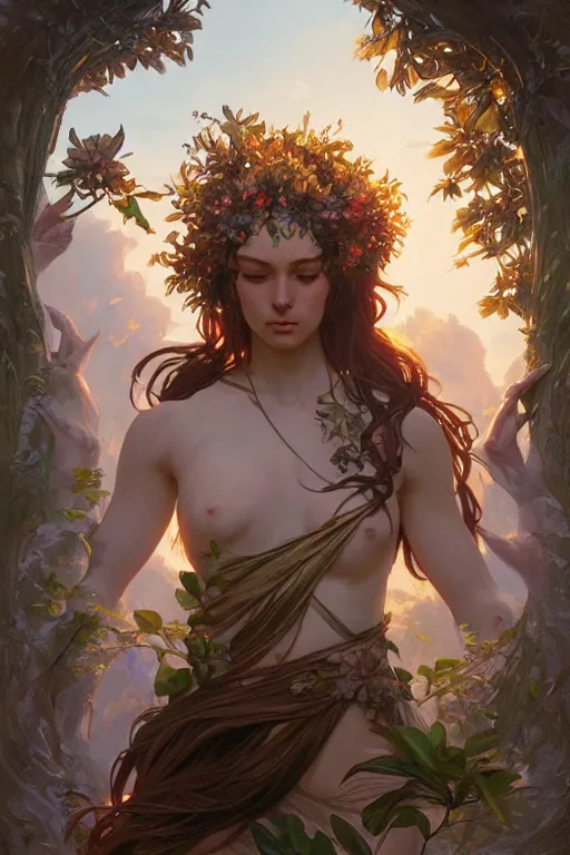 Image similar to goddess of nature, accurate anatomy, only two hands, highly detailed, digital painting, artstation, concept art, smooth, sharp focus, illustration, Unreal Engine 5, 8K, art by Ross Tran and greg rutkowski and alphonse Mucha