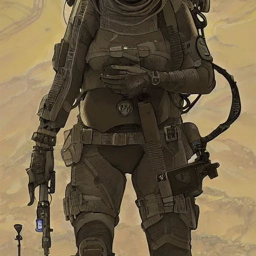Image similar to Maria. USN special forces recon operator in near future gear, cybernetic enhancement, on patrol in the Australian neutral zone, Barren landscape. 2087. Concept art by James Gurney and Alphonso Mucha