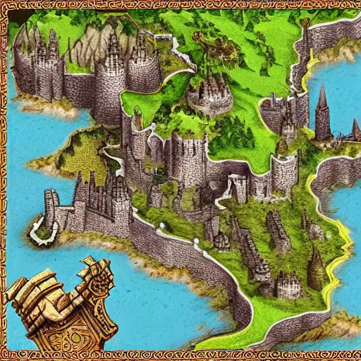 Prompt: RPG fantasy map with castles, mountains and rivers, intricate details, extremely detailed, sharp features