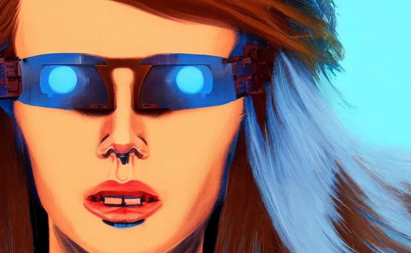 Image similar to closeup painting of donald trump cyberpunk woman smirking, wearing light blue shutter shades and a dark brown leather jacket, one side haircut, long brown hair with light blue ends, portrait, hyperdetailed, artstation, cgsociety, 8 k, synthwave by tangerine dream