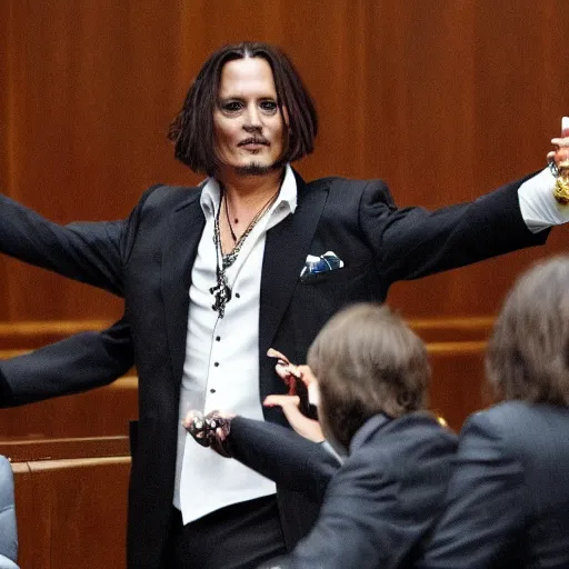 Image similar to johnny depp cheering in court as he wins defamation case, 4 k, photorealistic photography