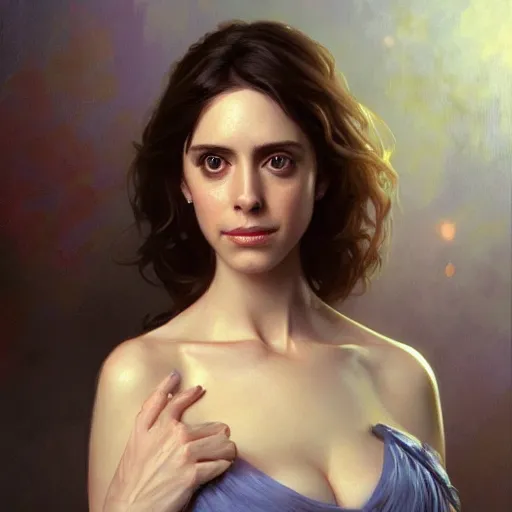 Image similar to a portrait painting of alison brie / anne hathaway / rachel lane hybrid in the oil painting unreal 5 daz. rpg portrait, extremely detailed artgerm greg rutkowski alphonse mucha vladimir volegov