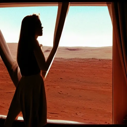 Prompt: a good looking girl watching the world on her window on mars, art