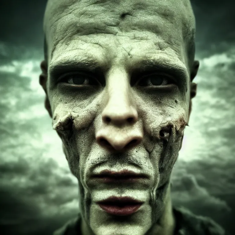 Prompt: surreal closeup portrait photo of man face by on exoplanet, baroque painting, desolate empty wasteland, creepy, nightmare, dream-like heavy atmosphere, dark fog, surreal abandoned buildings, baroque painting, beautiful detailed intricate insanely detailed octane render trending on Artstation, 8K artistic photography, photorealistic, volumetric cinematic light, chiaroscuro, Raphael, Caravaggio, Beksinski, Giger, Dali