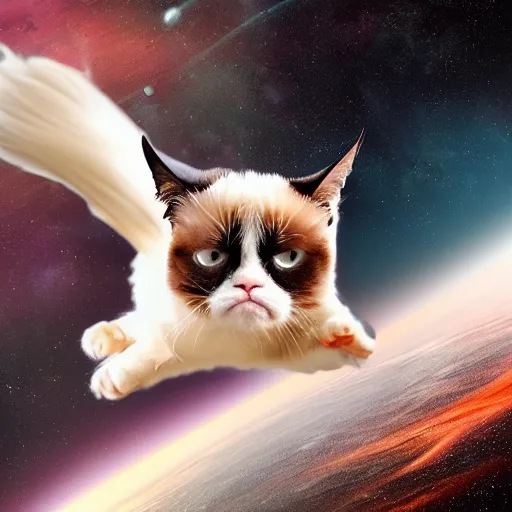 Image similar to photo of hyperspeed flying through outer space, grumpy cat running fast with motion blur